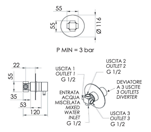 Дивертер на 3 выхода Remer X Style N93DEV3VO, бронза