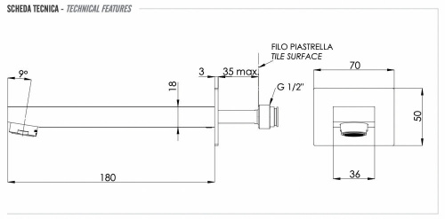 Излив настенный 18 см Remer Qubika 91QCFP, черный брашированный хром