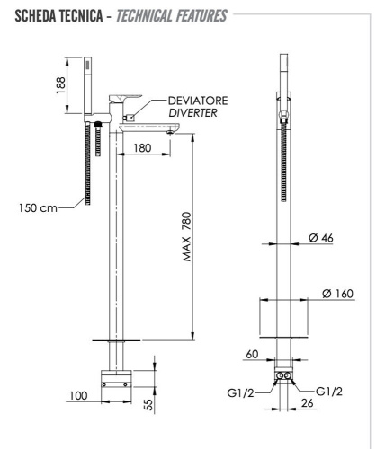 Смеситель для ванны Remer Infinity I08NO, черный матовый