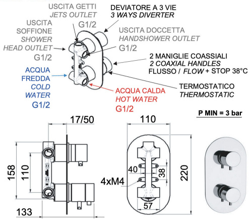 Смеситель для душа Remer Elegance NT93DO, золото глянцевое