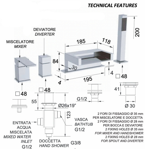 Смеситель для ванны Remer Qubika Cascata QC06